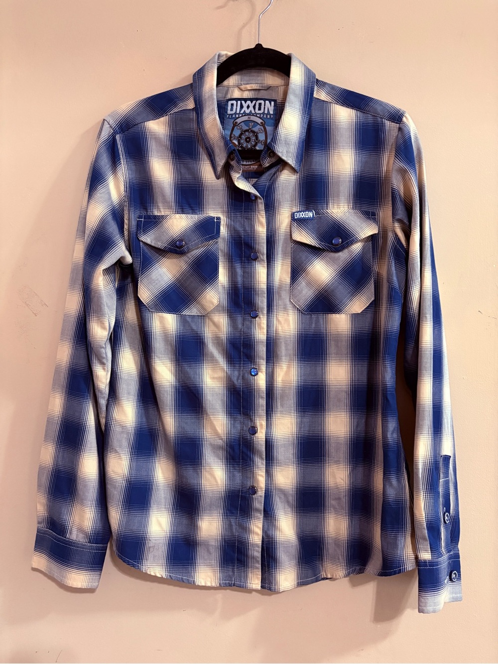 Dixxon Women’s Blue Plaid Snap Front Shirt Size Medium